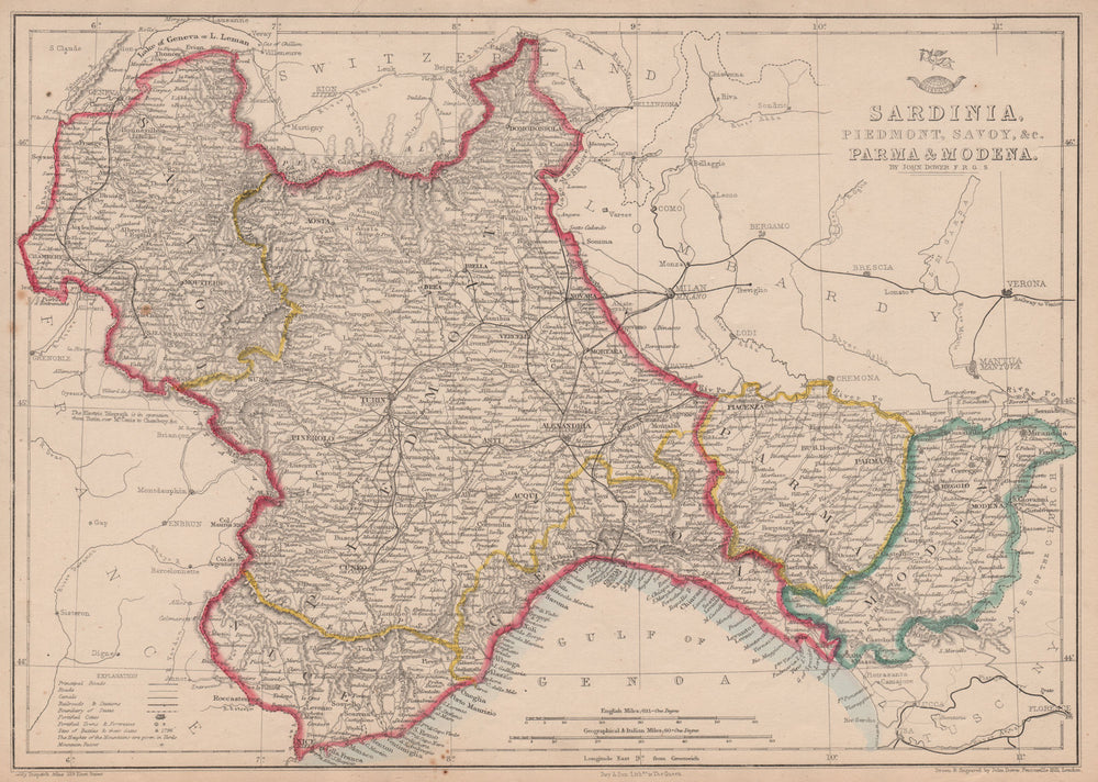 KINGDOM OF SARDINIA. Piedmont Savoy Parma Modena Comté de Nice. DOWER 1862 map