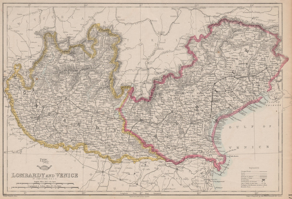 'LOMBARDY & VENICE' Austrian Kingdom of Lombardy-Venetia. Italy. DOWER 1862 map