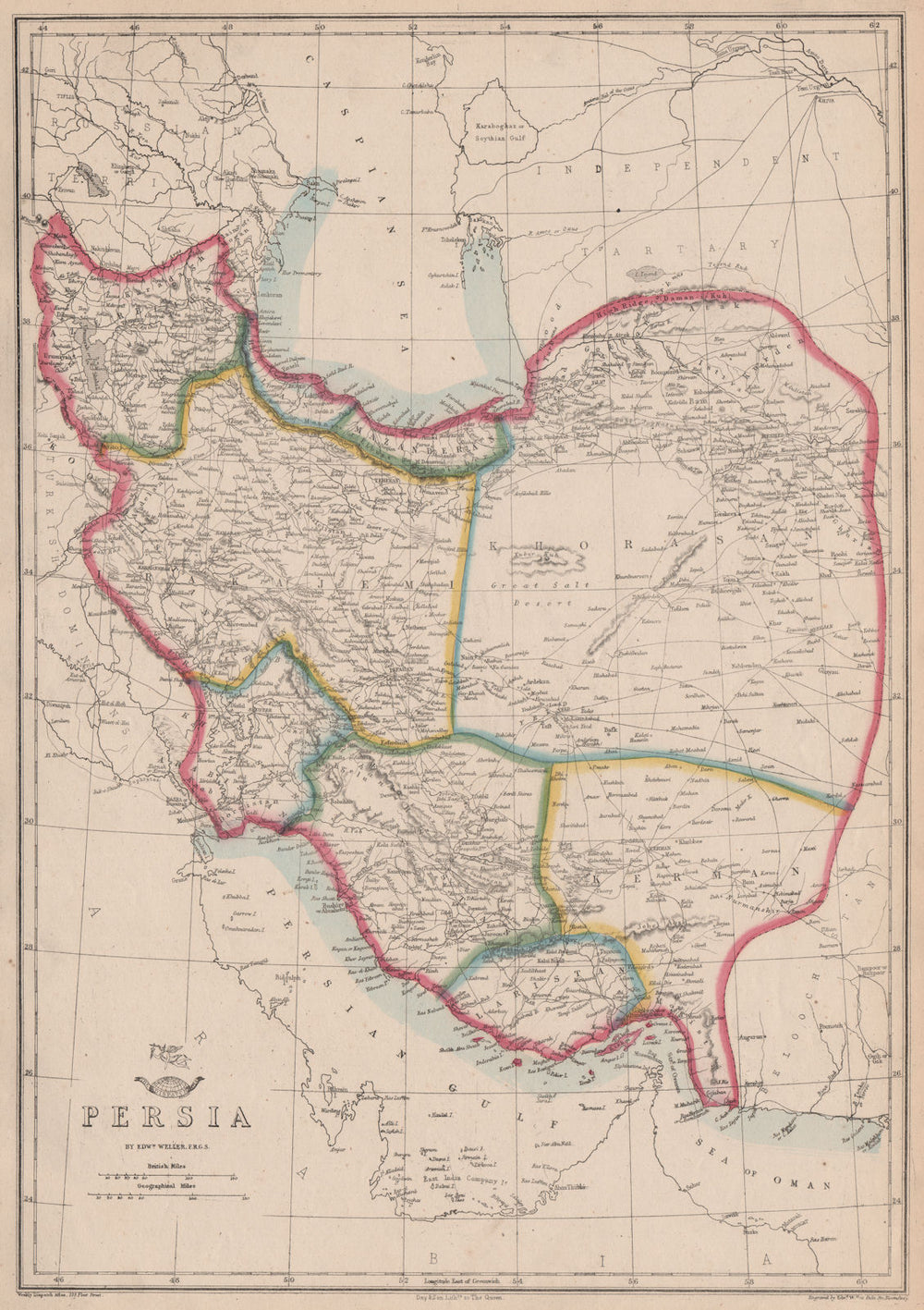 PERSIA. Provinces. Iran. Includes Azerbaijan Kerman Laristan. WELLER 1862 map