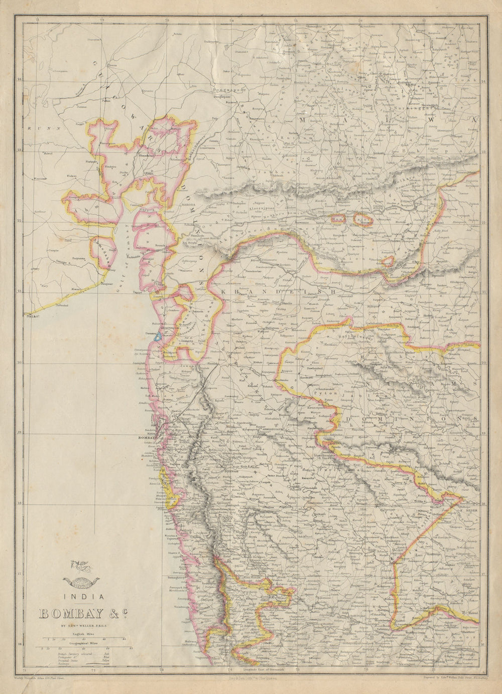 BRITISH INDIA. 'Bombay' -Nassick/Pune railways. Western Ghats. WELLER 1862 map