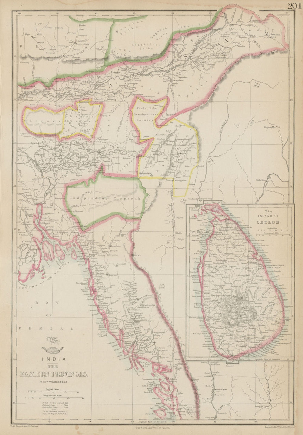 BRITISH INDIA 'Eastern Provinces'. Ceylon Burmah Tipperah. WELLER 1862 old map