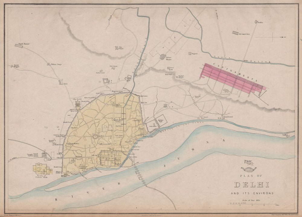 Town/city 'PLAN OF DELHI AND ITS ENVIRONS'. Cantonments. India. WELLER 1862 map