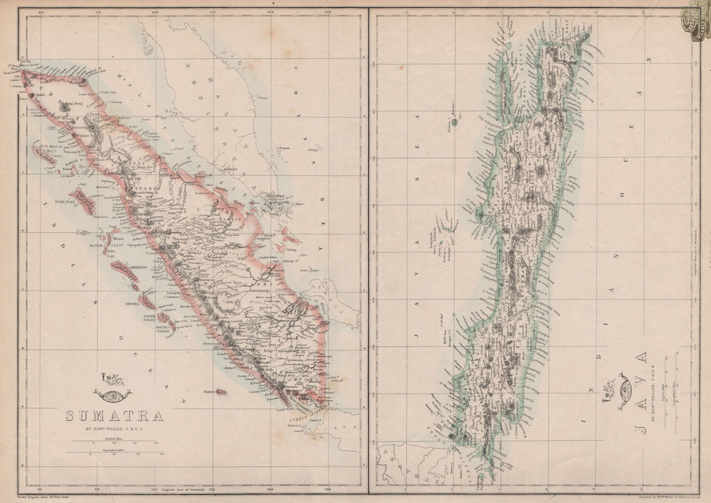 SUMATRA & JAVA. Dutch East Indies. Singapore. Indonesia. WELLER 1862 old map