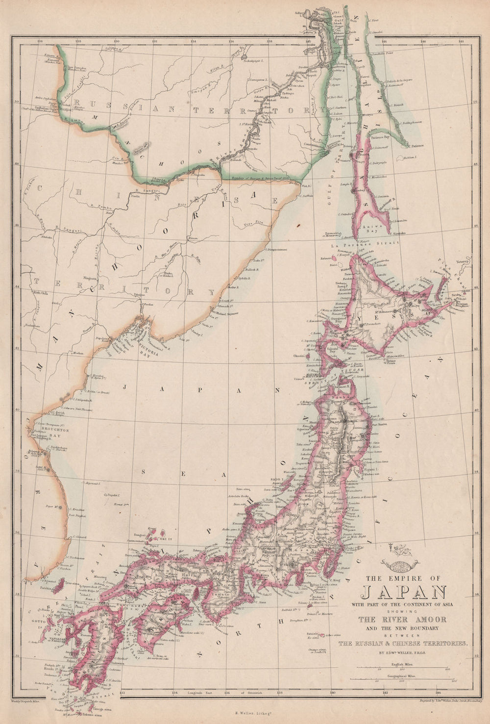 EMPIRE OF JAPAN w/ Sakhalin.River Amur.1858 Russia/China border.WELLER 1862 map