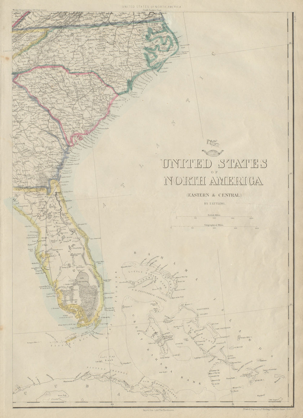 USA SOUTH EAST. Florida Georgia Carolina coast Bahamas. ETTLING 1862 old map