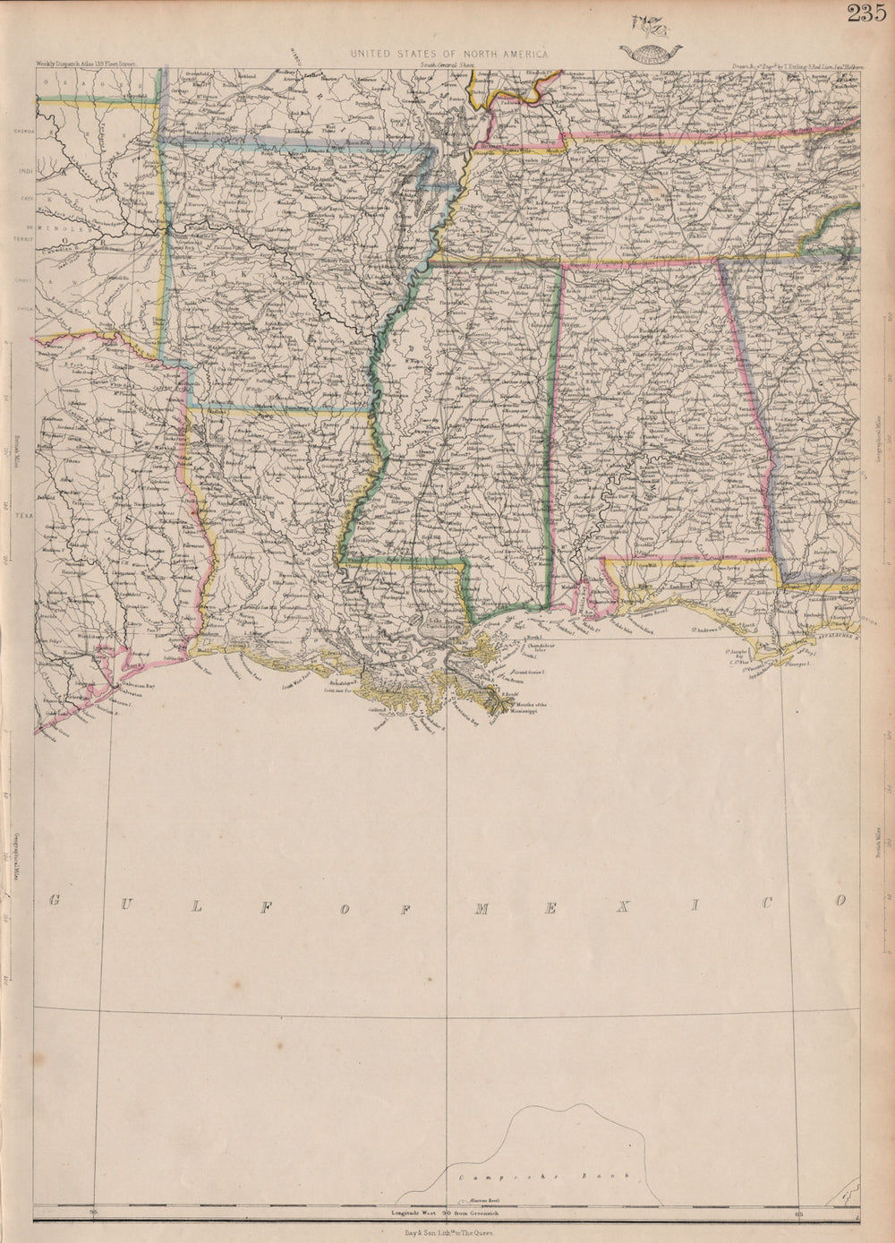 USA DEEP SOUTH. Louisiana Alabama Mississippi Tennessee AR. ETTLING 1862 map