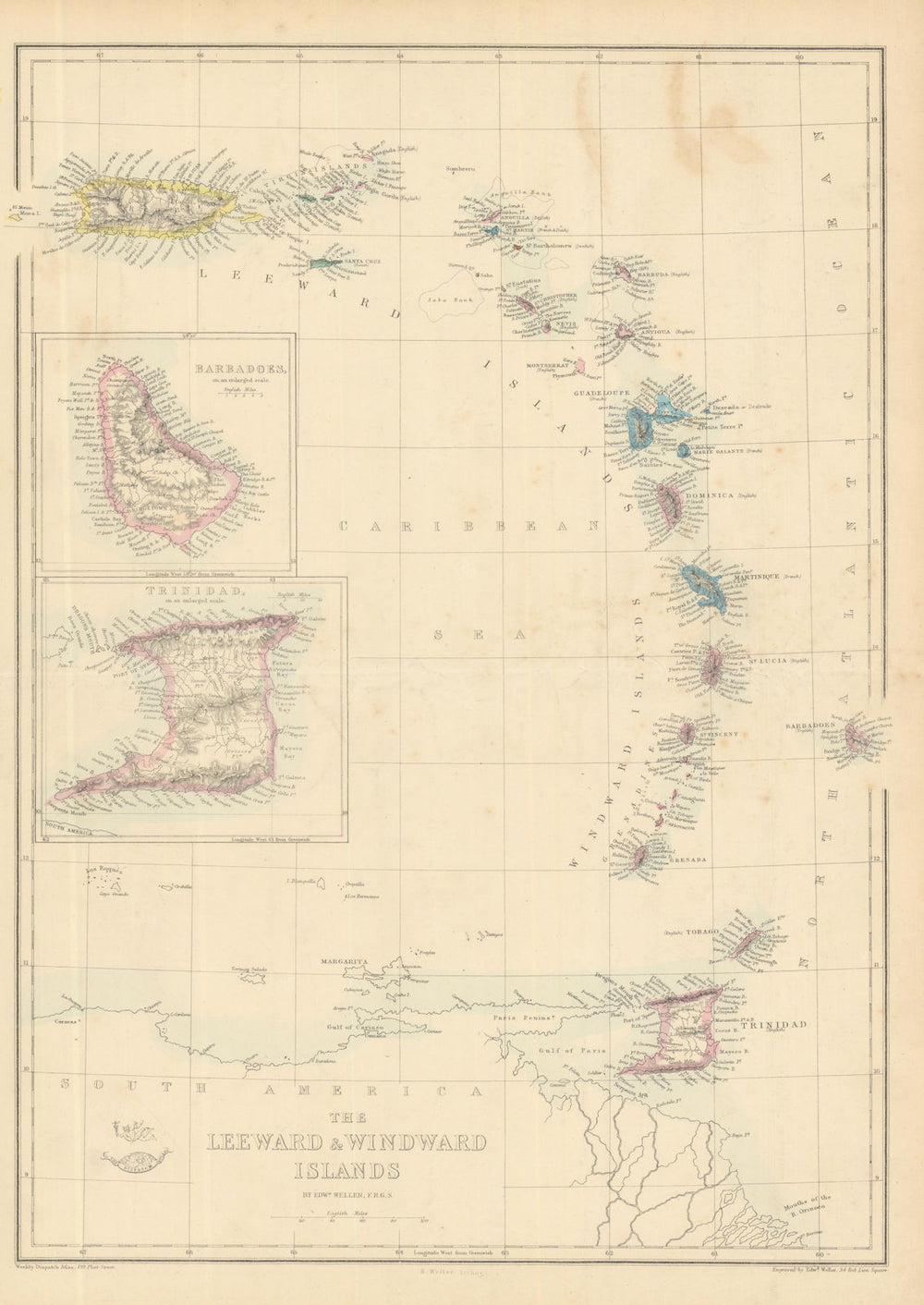 WEST INDIES 'The Leeward & Windward Islands' Barbados Trinidad. WELLER 1862 map