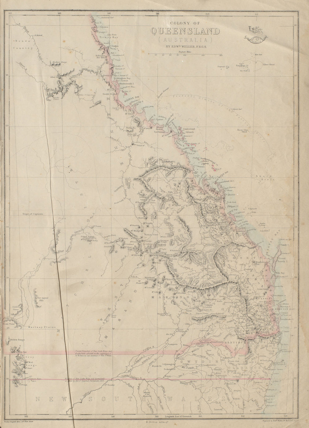 'COLONY OF QUEENSLAND (AUSTRALIA)'. Current & 1850 NSW border. WELLER 1862 map