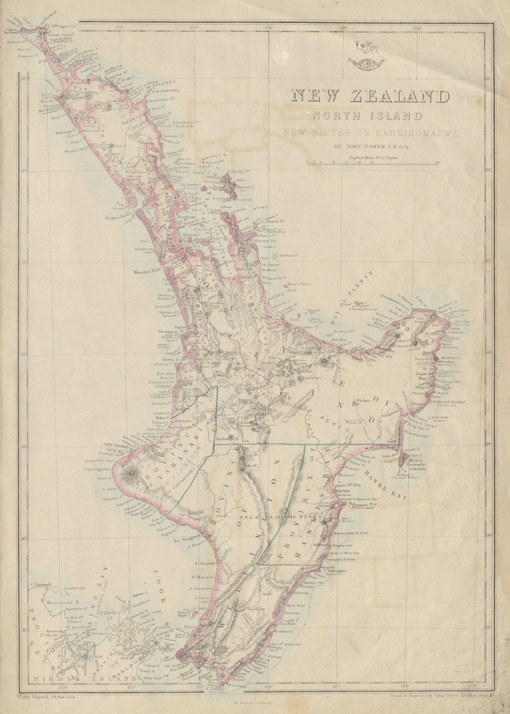 'New Zealand North Island. New Ulster or Eaheinomauwe' provinces DOWER 1862 map