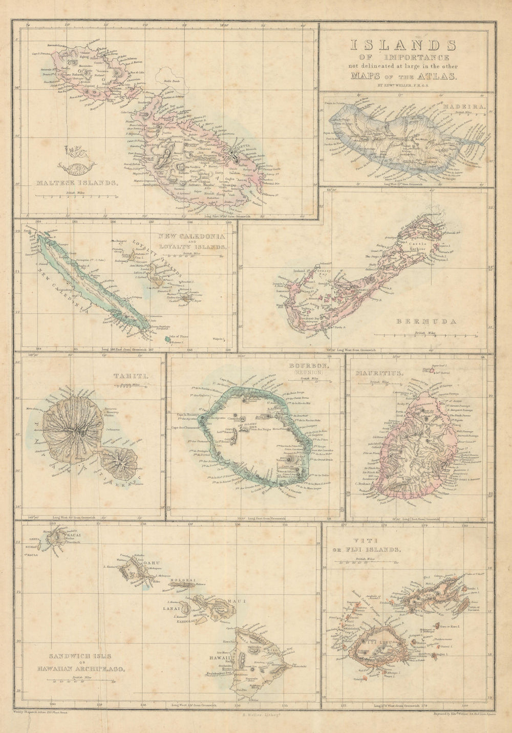 ISLANDS. Malta Madeira Bermuda Reunion Hawaii Tahiti Mauritius. WELLER 1862 map
