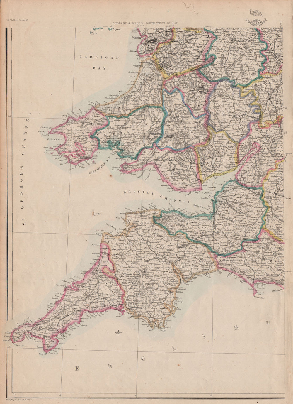 SOUTH WEST ENGLAND & S. WALES. Devon Cornwall Somerset. WELLER 1863 old map