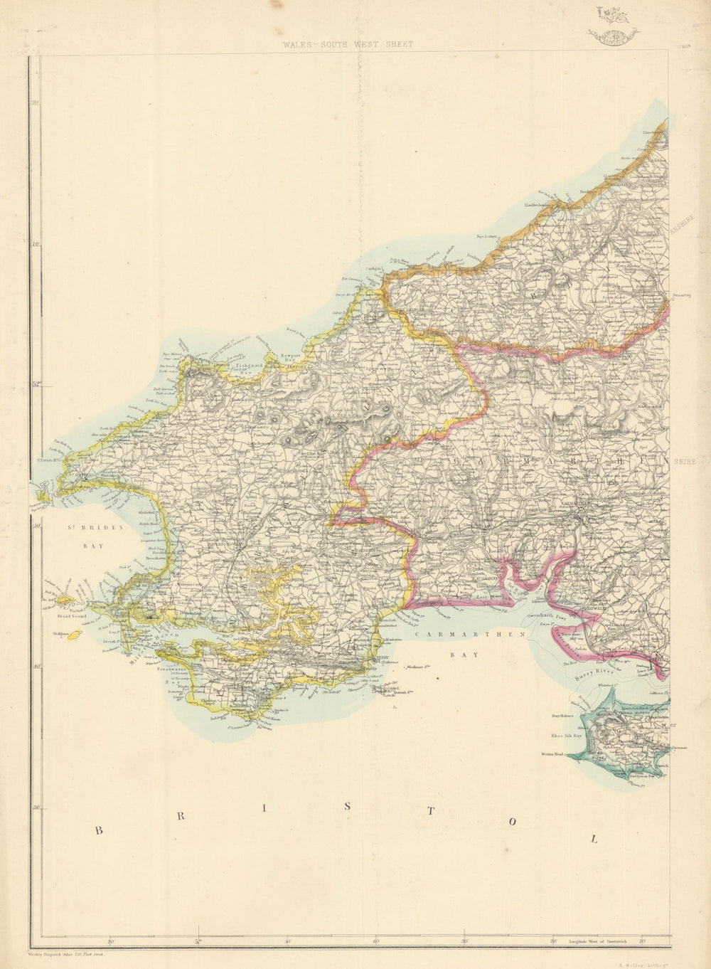 SOUTH WEST WALES. Pembrokeshire Carmarthenshire Cardiganshire. WELLER 1863 map