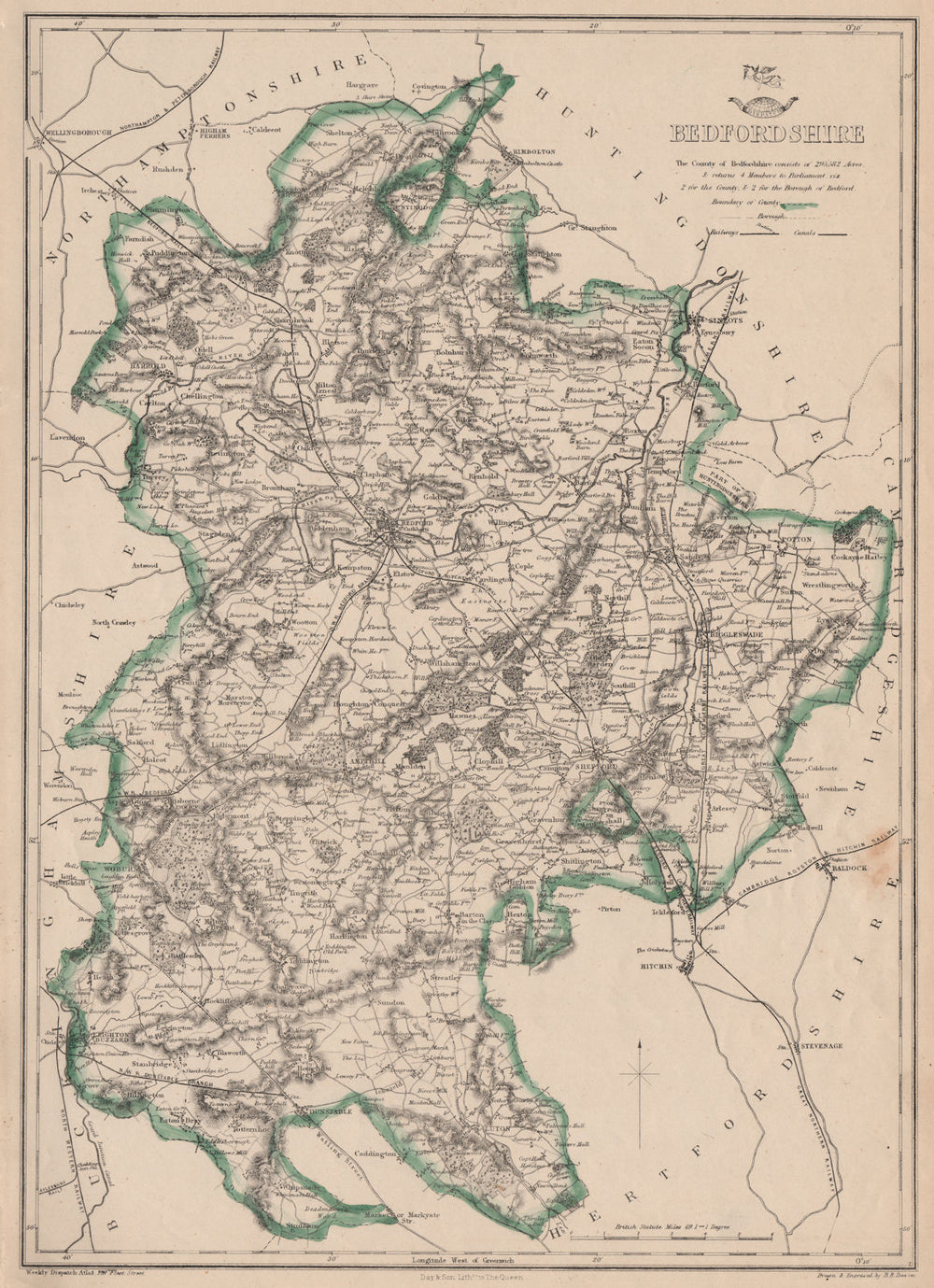 BEDFORDSHIRE. Antique county map. Railways canals. BR DAVIES 1864 old
