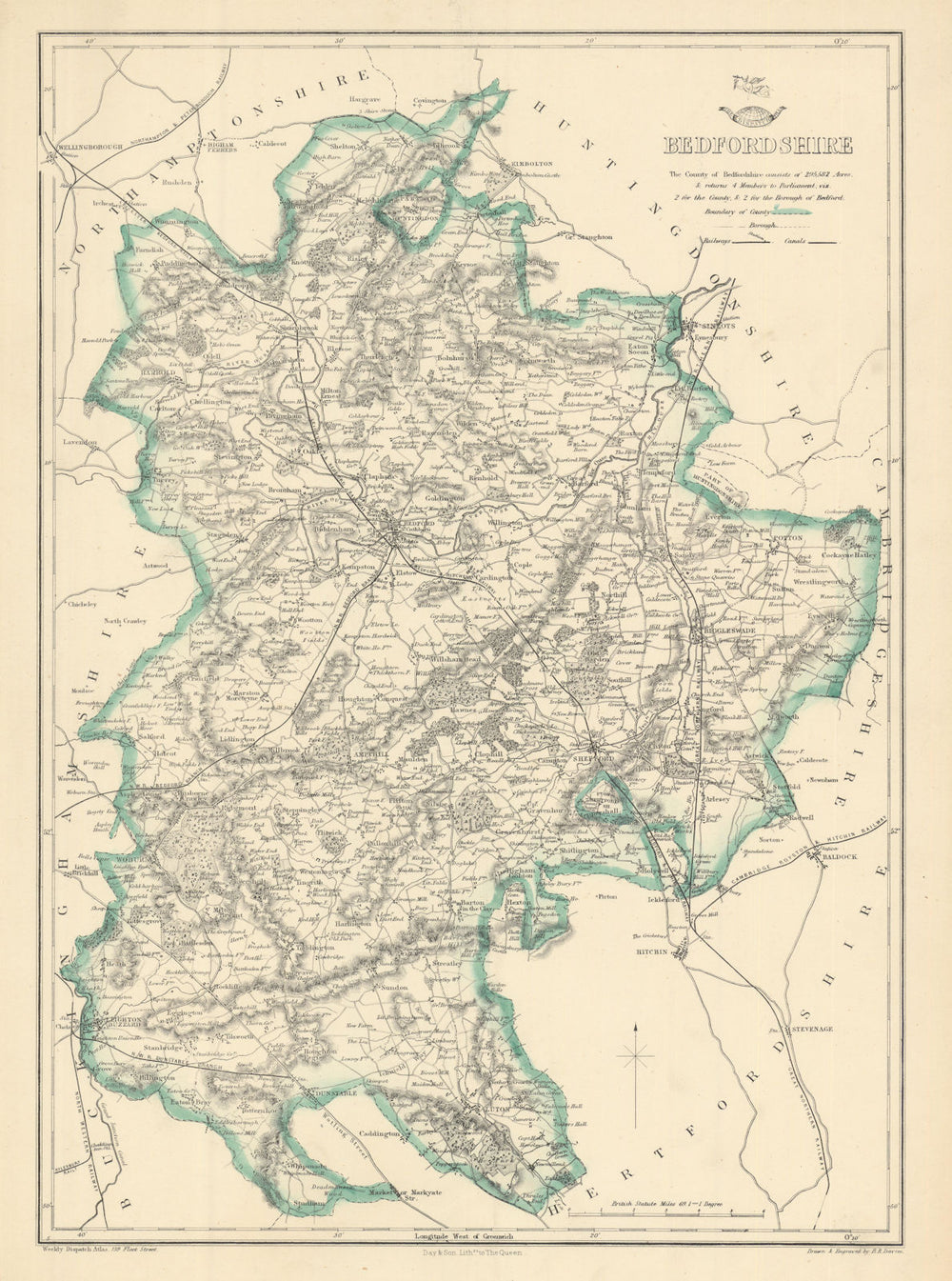 BEDFORDSHIRE. Antique county map. Railways canals. BR DAVIES 1863 old