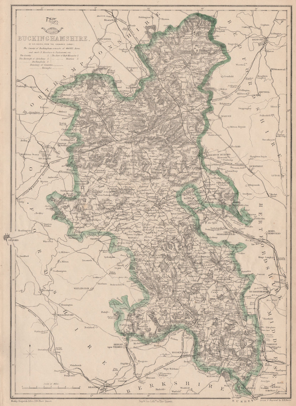 BUCKINGHAMSHIRE. Antique county map. Railways canals. BR DAVIES 1863 old