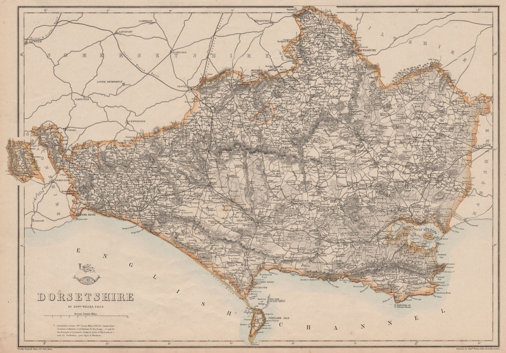 DORSETSHIRE county map. Poole Weymouth. Exclave. Railways. WELLER 1863 old