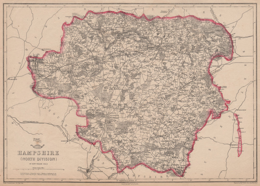 HAMPSHIRE NORTH. Winchester Basingstoke. Exclave. Railways. WELLER 1863 map