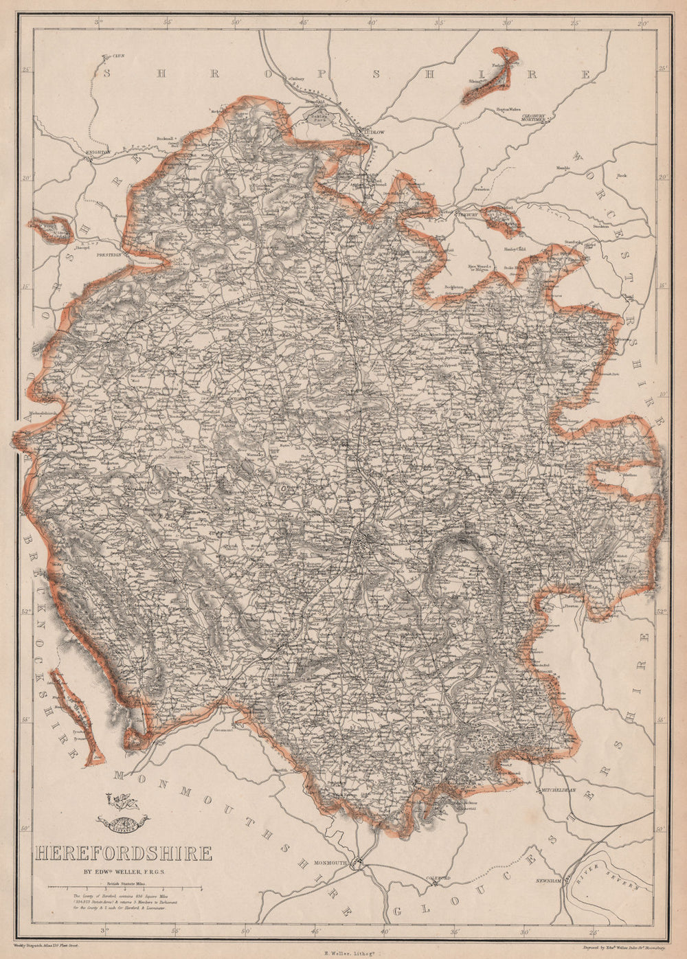 HEREFORDSHIRE. Antique county map. Showing exclaves & railways. WELLER 1863