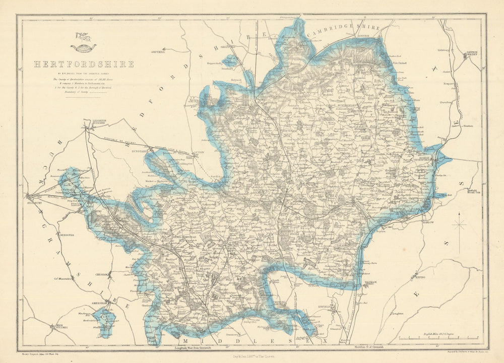 HERTFORDSHIRE antique county map. Shows 2 exclaves. Railways.BR DAVIES 1863