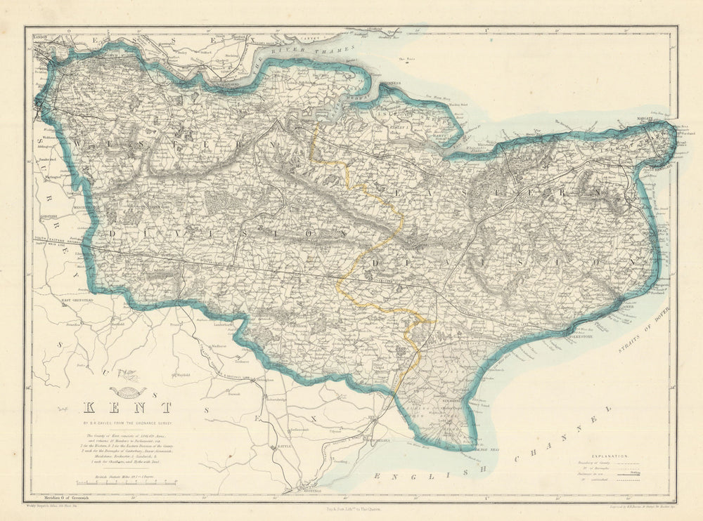 KENT. County map. Downs. Railways in use/under construction. BR DAVIES 1863