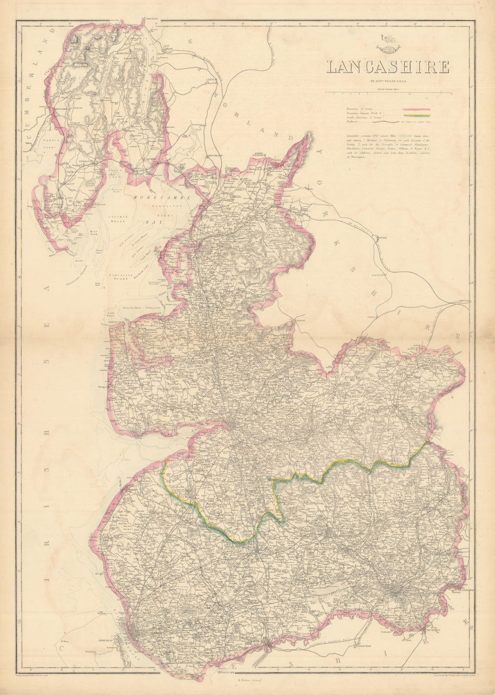 LANCASHIRE. Large antique county map. Railways. WELLER. Dispatch atlas 1863