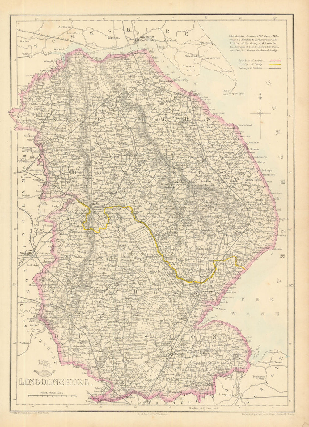 LINCOLNSHIRE. Antique county map. Fens. Railways. DOWER 1863 old