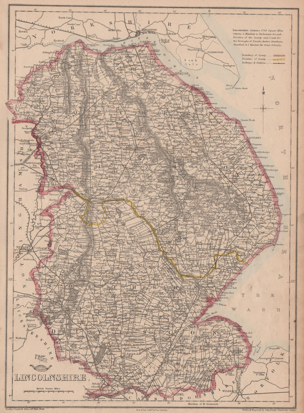 LINCOLNSHIRE. Antique county map. Fens. Railways. DOWER 1863 old