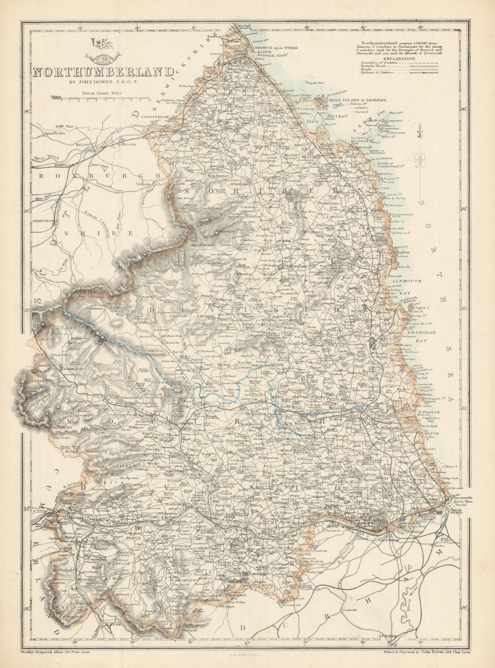 NORTHUMBERLAND. County map. Railways Cheviot Hills Farne Islands.DOWER 1863