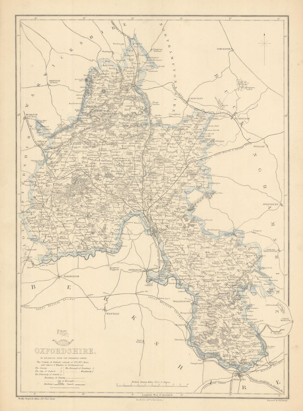 OXFORDSHIRE Antique county map. Railways Cotswolds Chilterns.BR DAVIES 1863