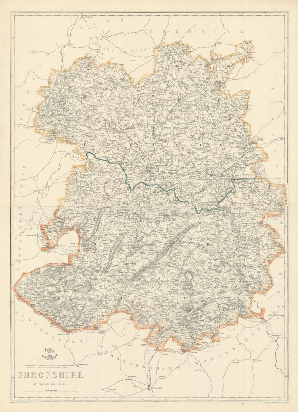 SHROPSHIRE Large county map. Railways Wenlock Edge Stiperstones.WELLER 1863