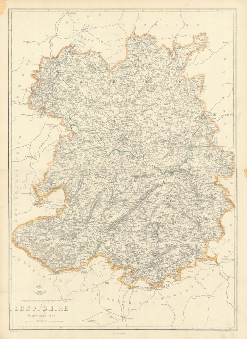 SHROPSHIRE Large county map. Railways Wenlock Edge Stiperstones.WELLER 1863