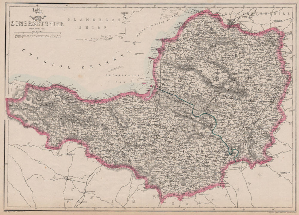 SOMERSETSHIRE. Antique county map. Railways. Mendips. Exmoor. WELLER 1863