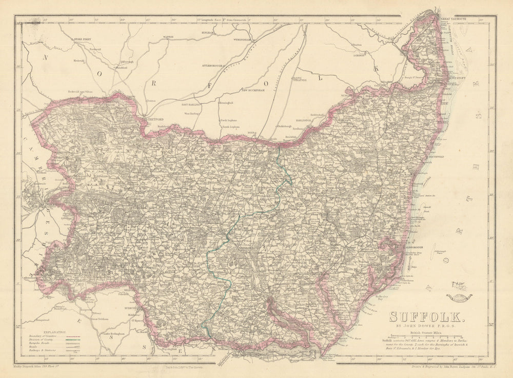 SUFFOLK. Antique county map. Railways. Ipswich Bury St Edmunds. DOWER 1863