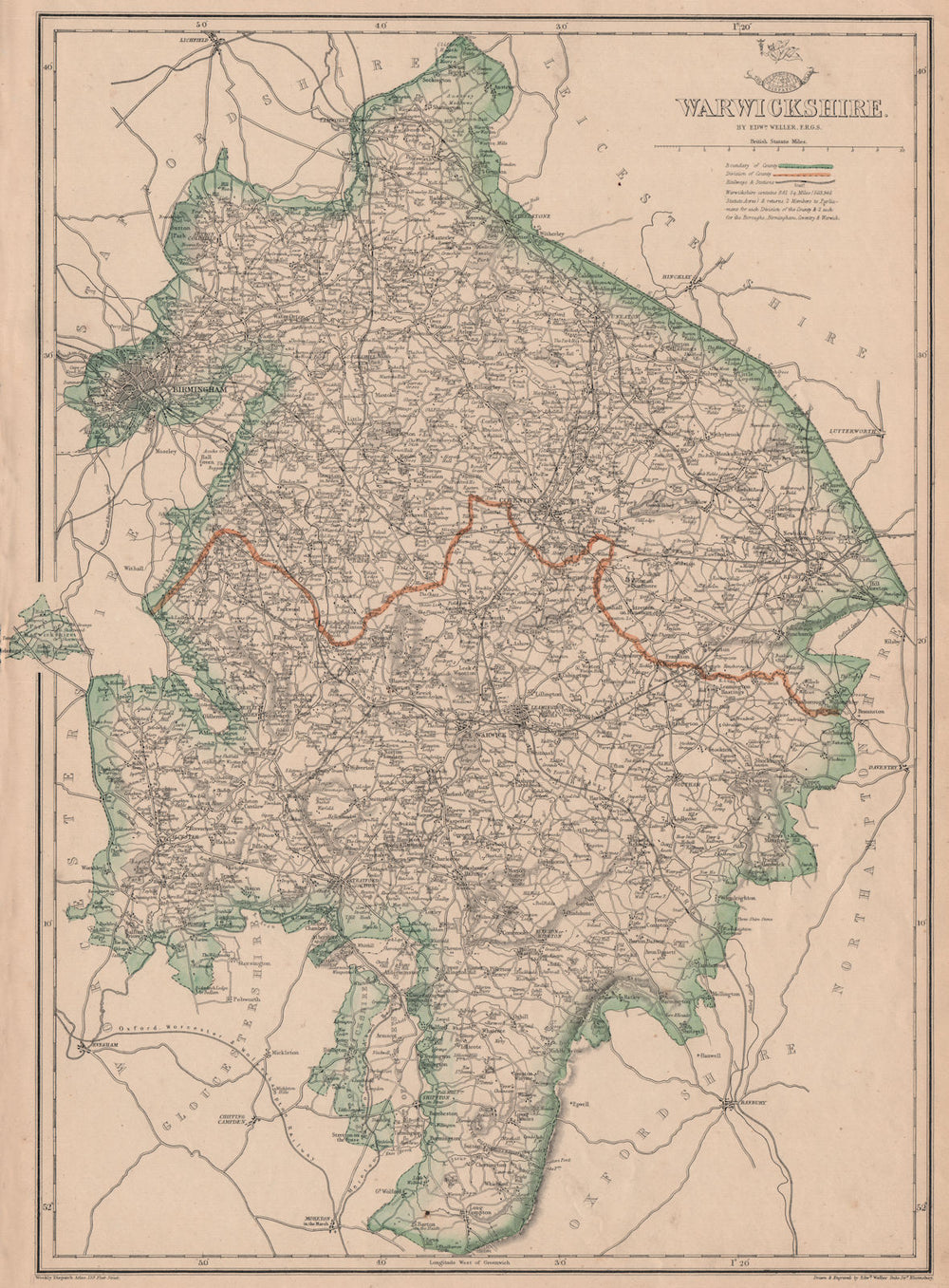 WARWICKSHIRE. Birmingham. County map showing excave & railways. WELLER 1863