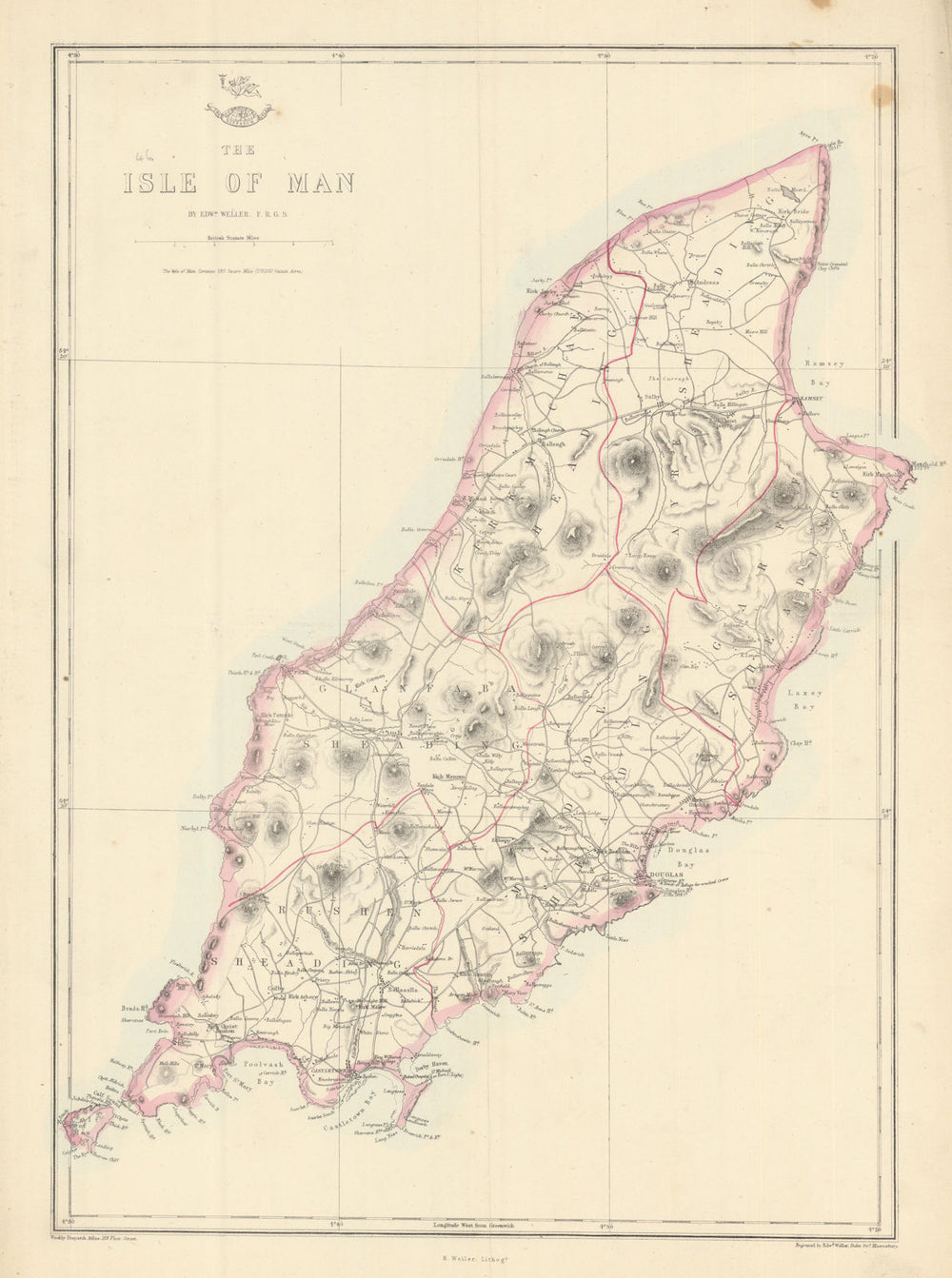 'The Isle of Man' showing Sheadings. WELLER 1863 old antique map plan chart