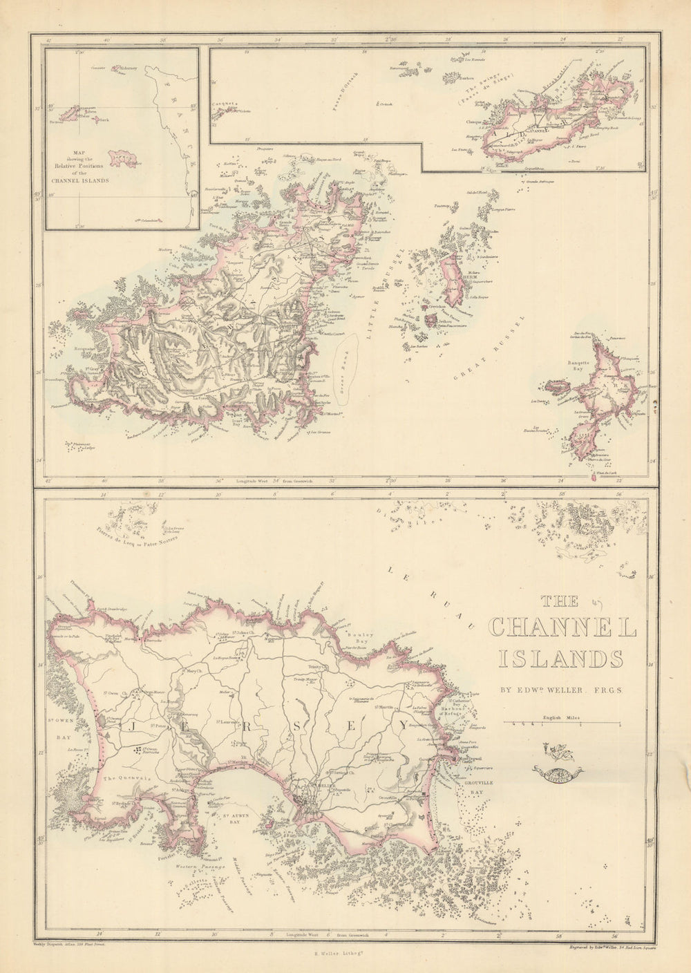 THE CHANNEL ISLANDS. Guernsey Jersey Alderney Herm & Sark. WELLER 1863 old map