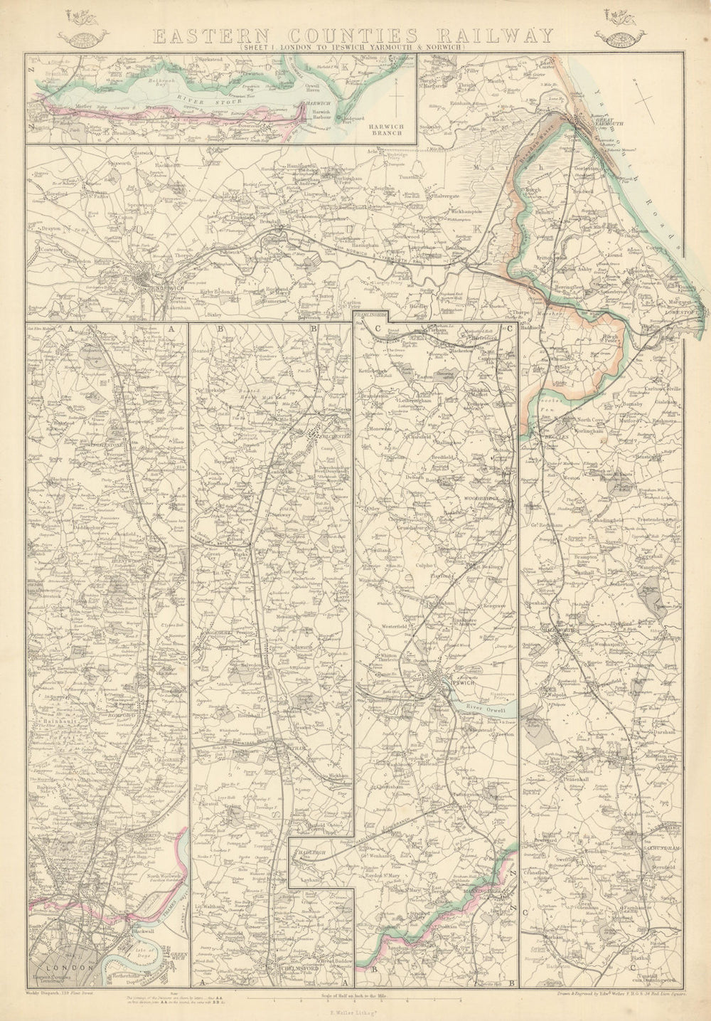 EASTERN COUNTIES RAILWAY 1.London to Ipswich Yarmouth & Norwich.WELLER 1863 map