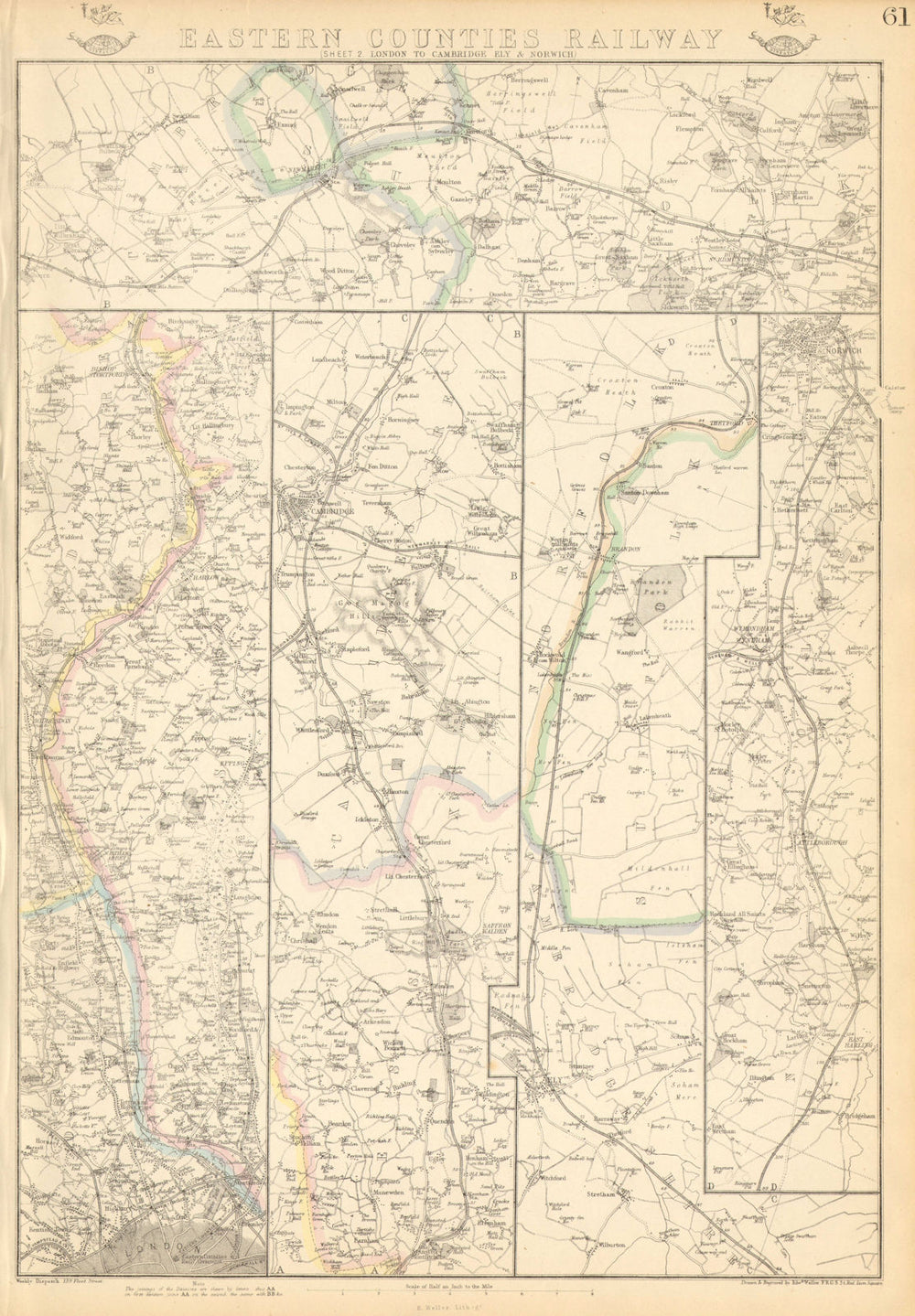 GREAT EASTERN RAILWAY 2. London to Cambridge Ely & Norwich. WELLER 1864 map