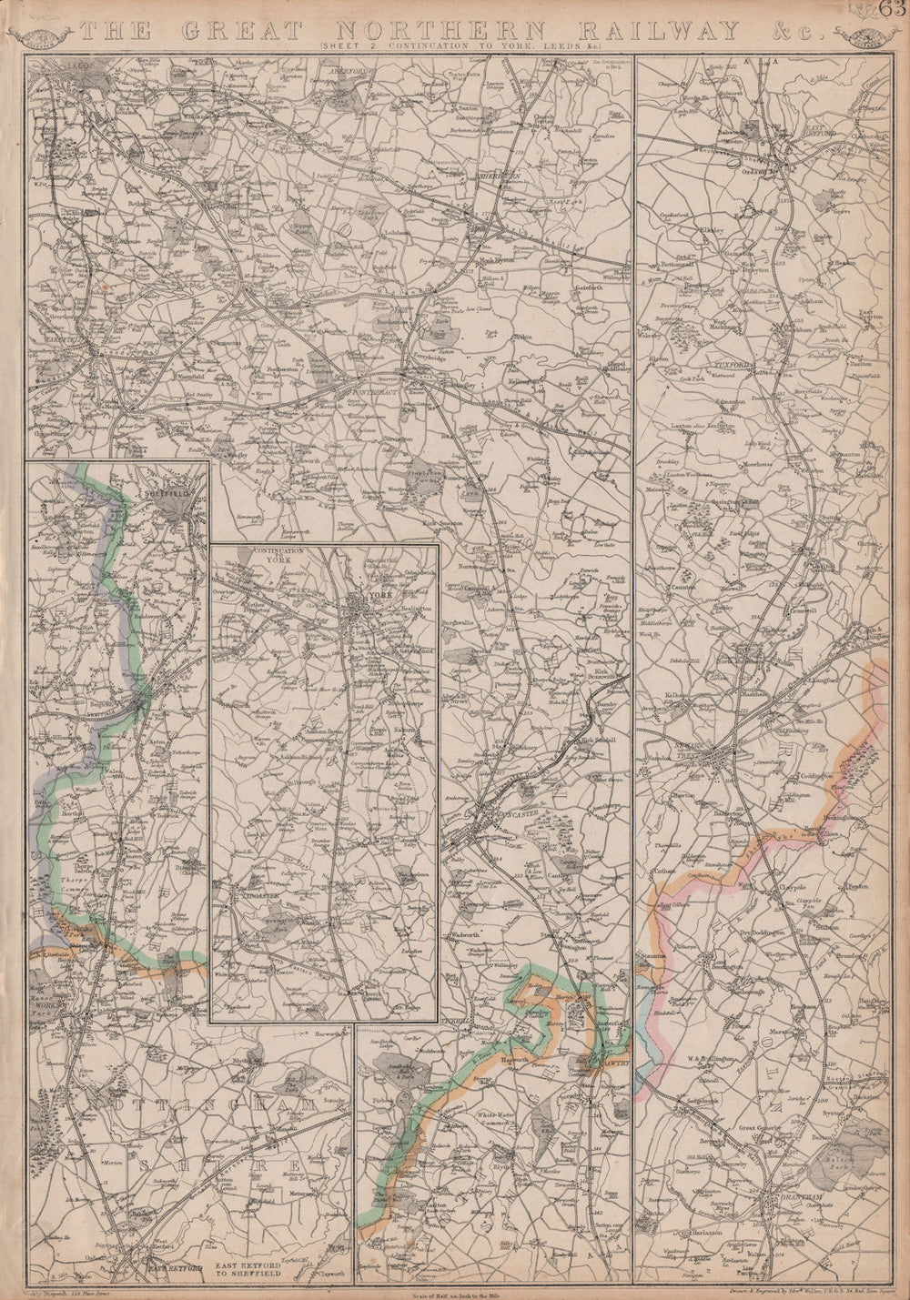 GREAT NORTHERN RAILWAY 2. Grantham to York, Leeds & Sheffield. WELLER 1864 map