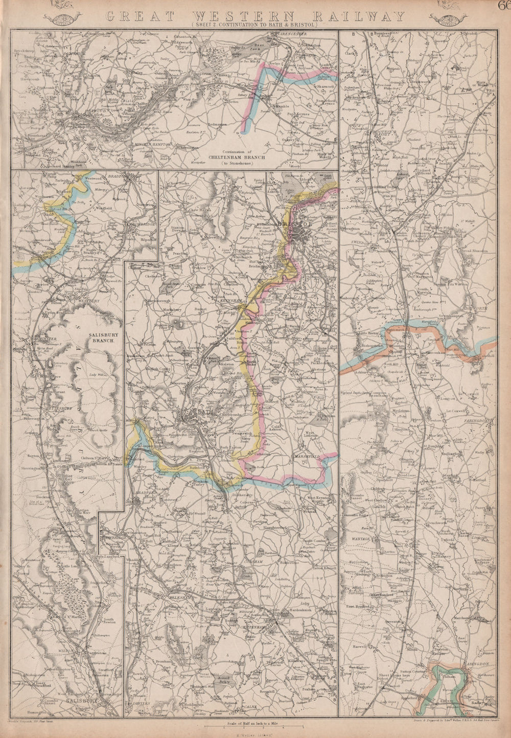 GREAT WESTERN RAILWAY 2. Didcot to Bath, Bristol & Cheltenham. WELLER 1863 map