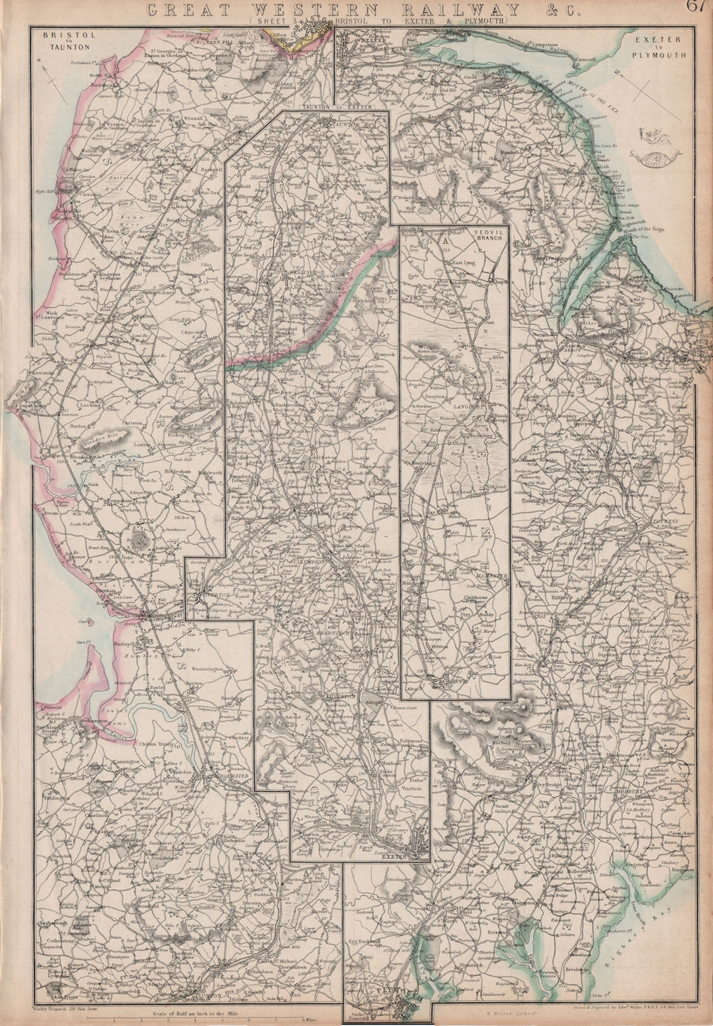 GREAT WESTERN RAILWAY 3. Bristol to Exeter, Plymouth & Yeovil. WELLER 1864 map