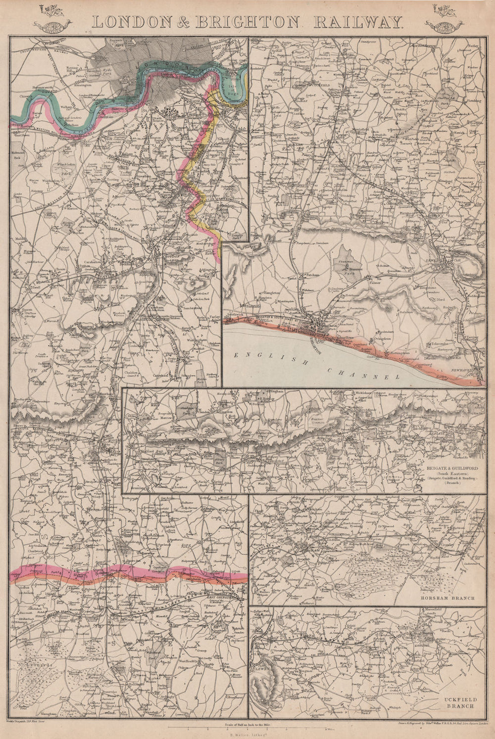 LONDON & BRIGHTON RAILWAY. Reigate Guildford Horsham Uckfield. WELLER 1863 map