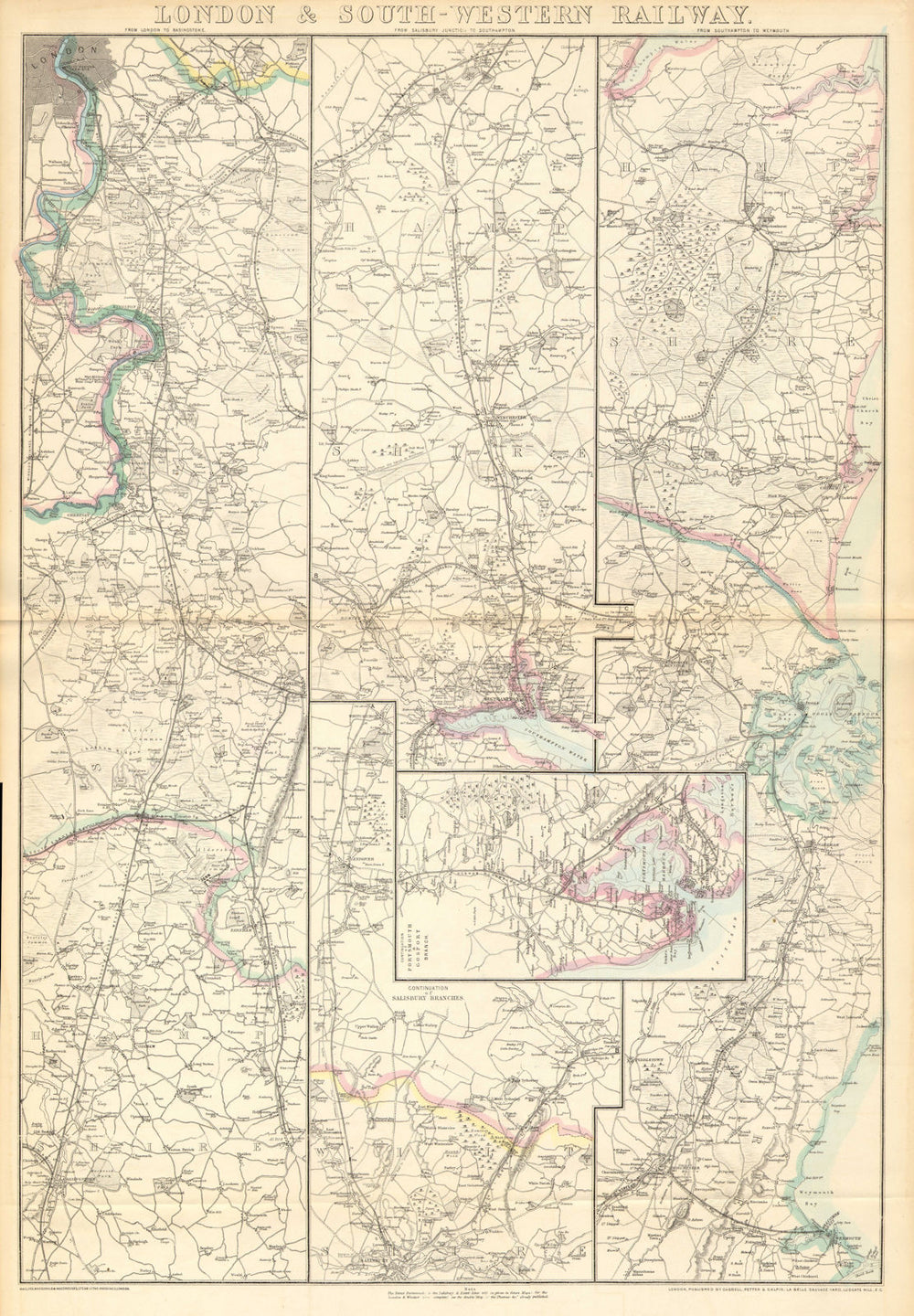 LONDON & SOUTH-WESTERN RAILWAY. Portsmouth Southampton Weymouth.WELLER 1864 map