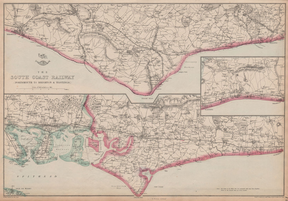 THE SOUTH COAST RAILWAY. Portsmouth to Brighton & Hastings. WELLER 1864 map
