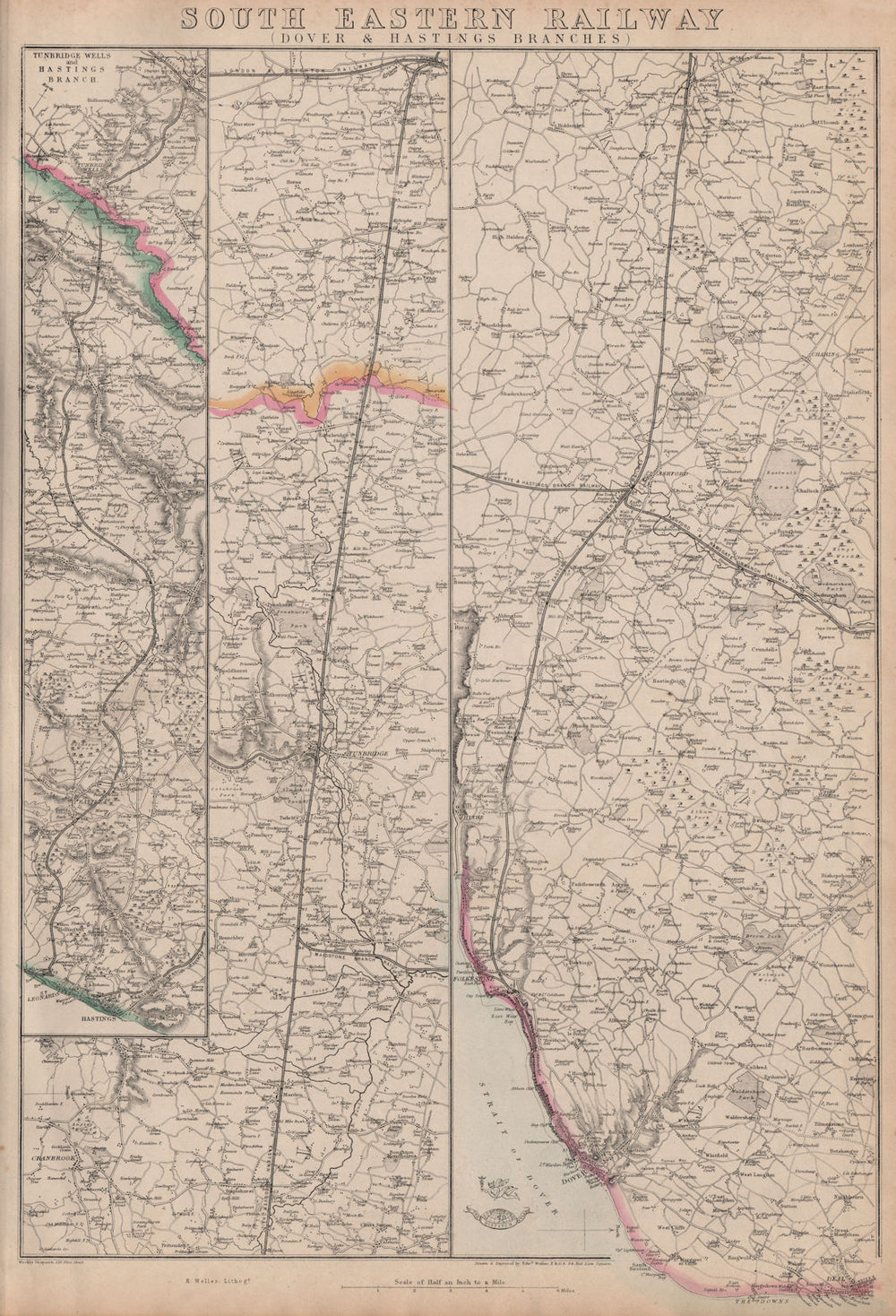 SOUTH EASTERN RAILWAY. Dover & Hastings Branches. Tunbridge. WELLER 1863 map