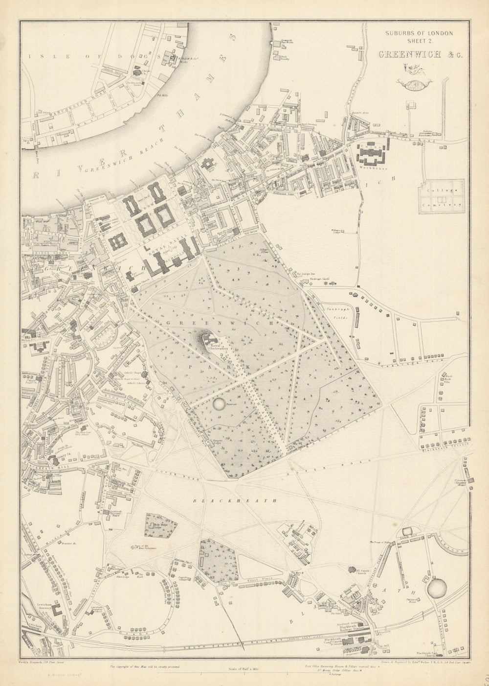 GREENWICH, BLACKHEATH & LEWISHAM. London suburbs.Dispatch Atlas.WELLER 1863 map