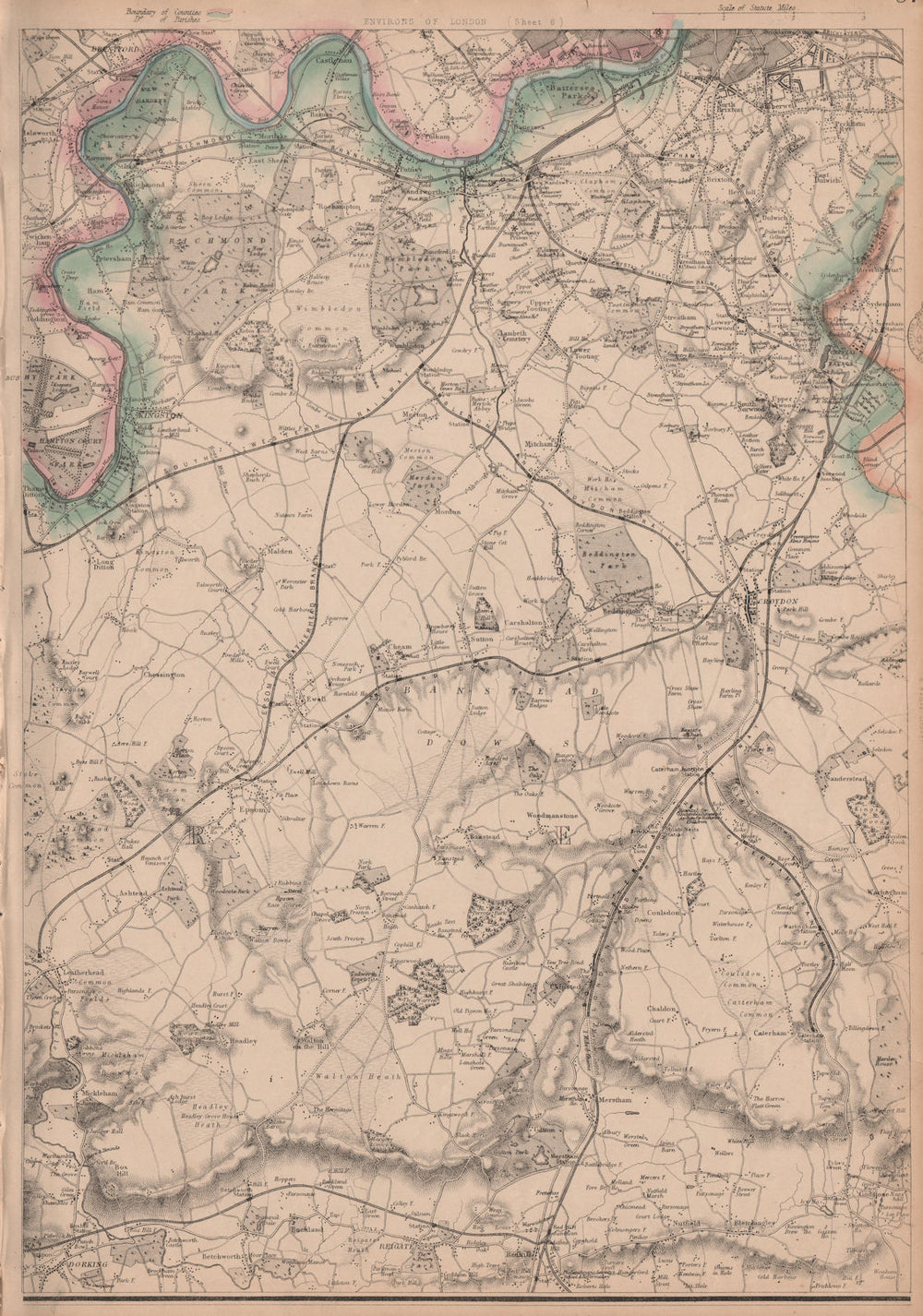 SW LONDON/NE SURREY. Richmond Dorking Reigate Croydon Clapham. WELLER 1863 map