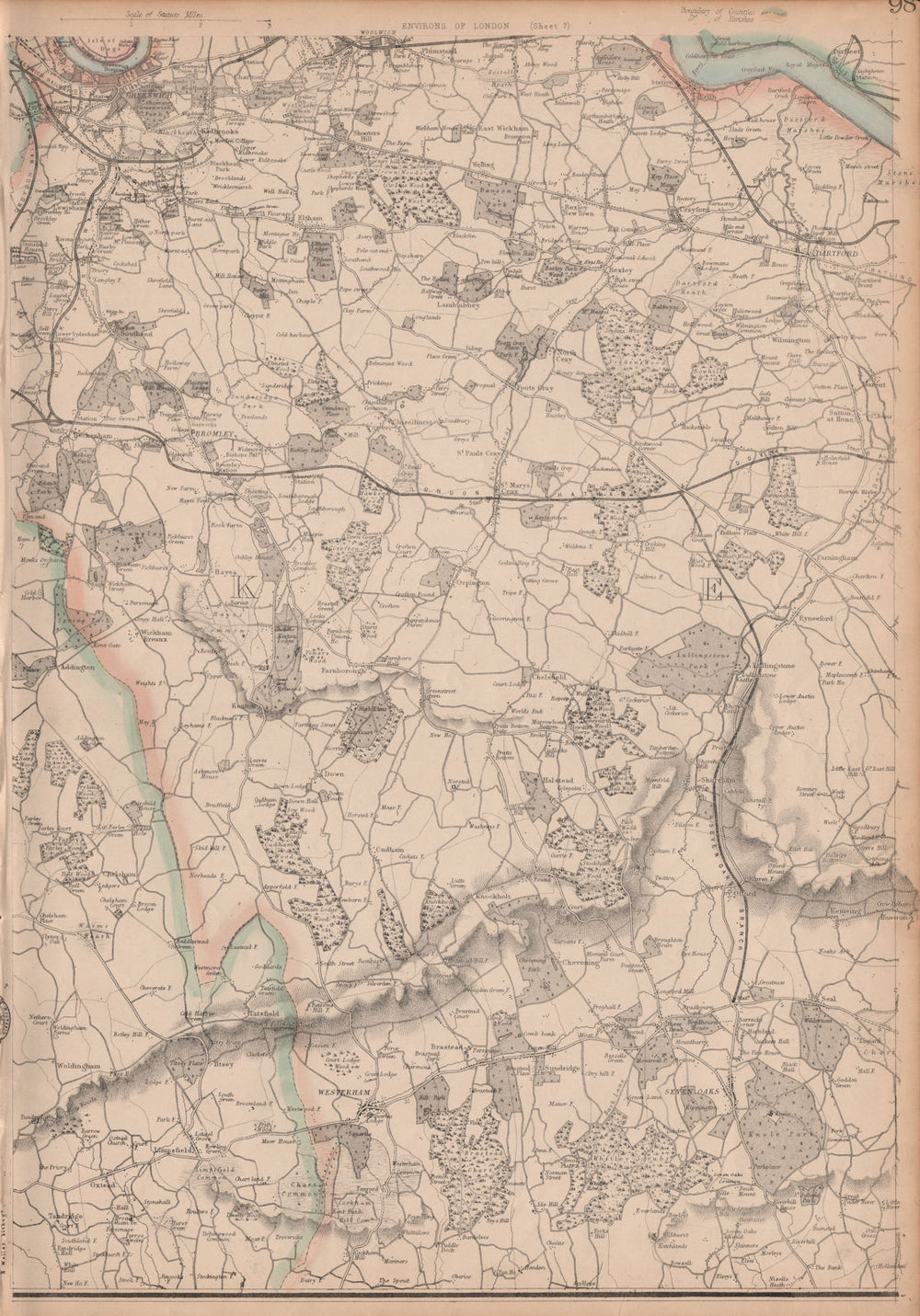 NW KENT/S LONDON. Greenwich Dartford Sevenoaks Bromley. WELLER 1863 old map