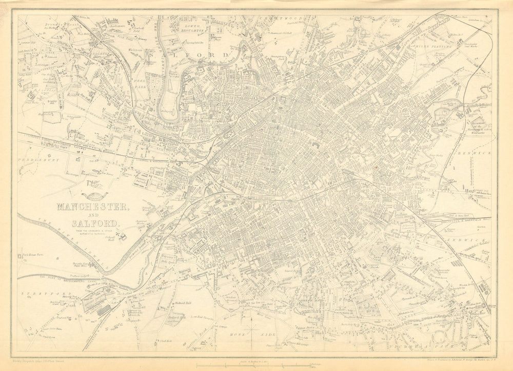 MANCHESTER & SALFORD. Large town/city plan by BR DAVIES.Dispatch Atlas 1863 map