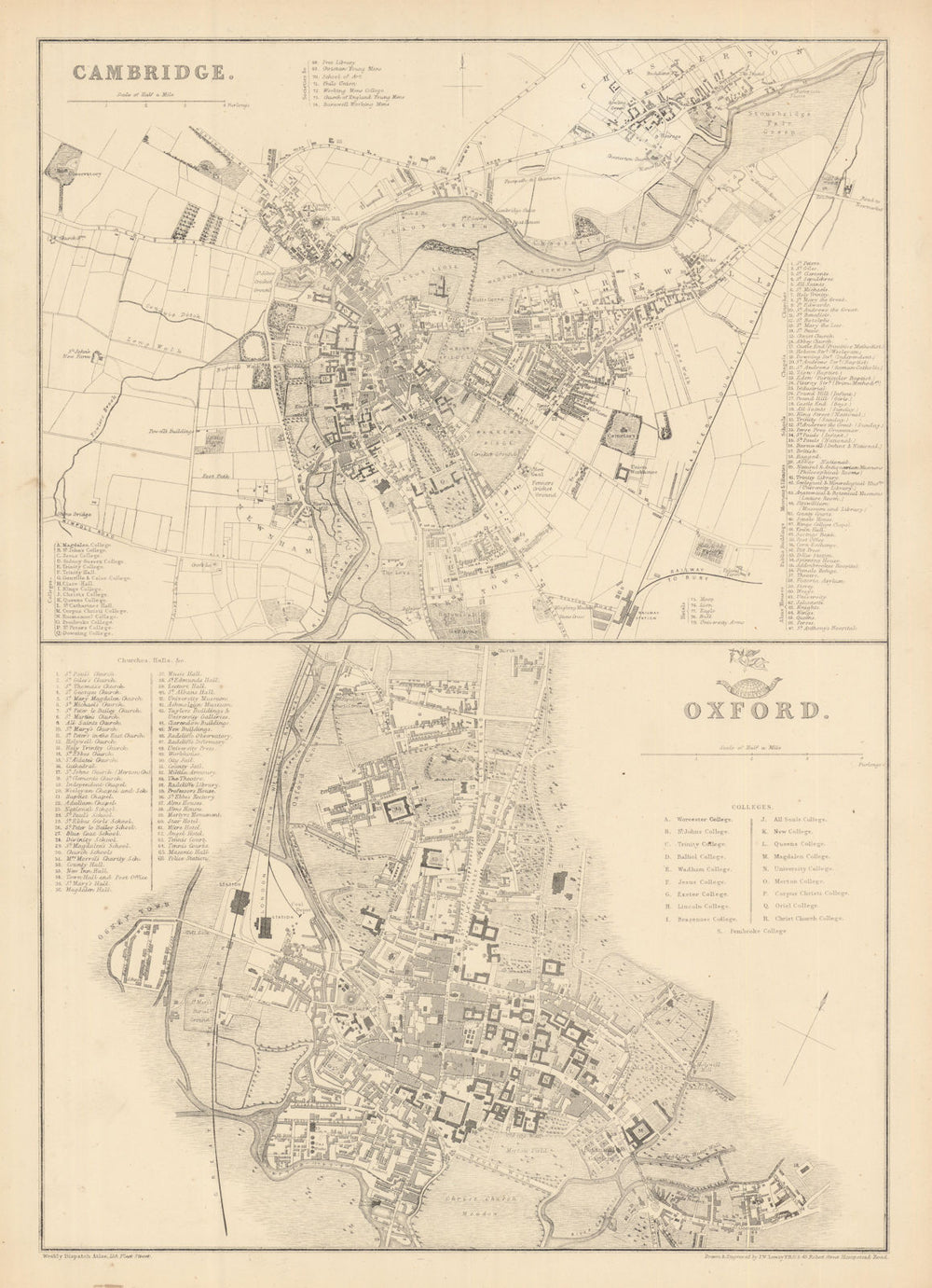OXFORD & CAMBRIDGE. Town/city plan by JW LOWRY for the Dispatch Atlas 1863 map
